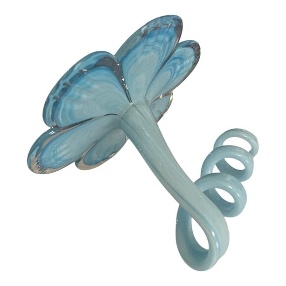 Hand-Blown Art Glass Flower Sculpture – Blue & White Swirl – Curling Stem 7" - Picture 4 of 7